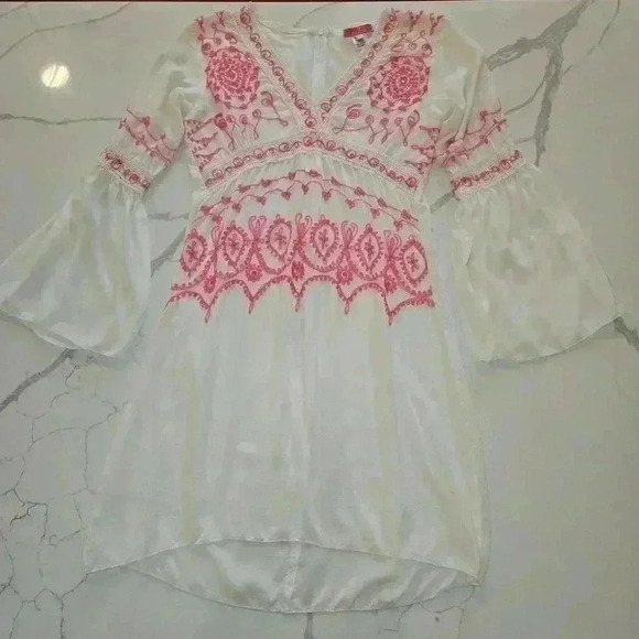 Chach Womens Boho Long Bell Sleeves Embroidered Dress White Size Large - Picture 1 of 11